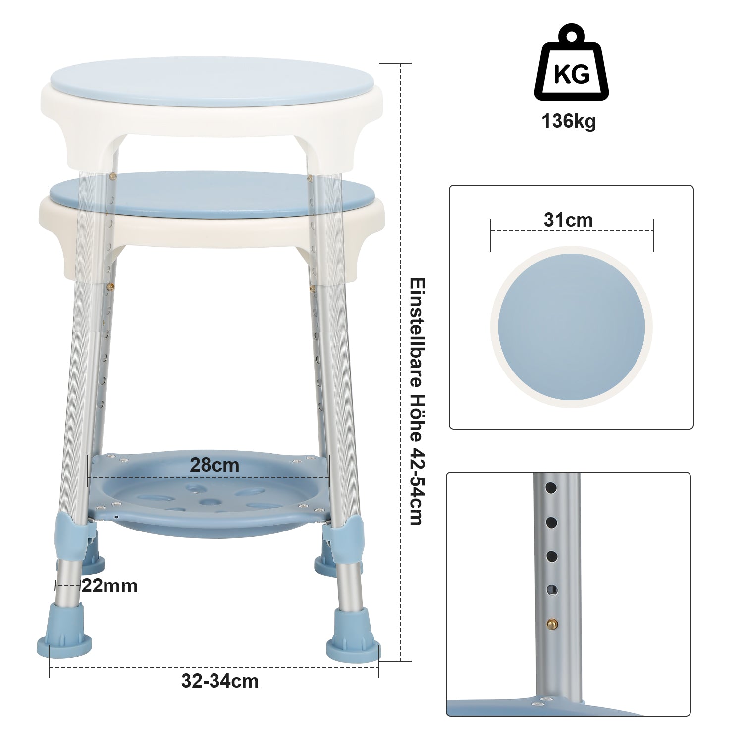 360°Drehbarer Duschhocker Duschstuhl Höhenverstellbar 42-54 cm