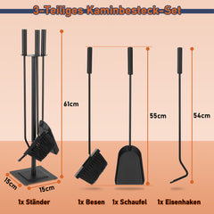 SWANEW Kaminbesteck Set, 3-teiliges, Kamingarnitur mit Besen, Schaufel, Eisenhaken, Ständer, Kaminzubehör, Ofenbesteck Schwarz