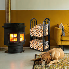 SWANEW kaminholzregal Innen und Aussen, mit Kaminbesteck, Metall Brennholzregal, Holzunterstand für Kaminholz, 37 x 33 x 74CM, Schwarz