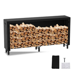 SWANEW Großes Kaminholzregal mit wasserdichter Abdeckung Feuerholzregal Metall Schwarz 244x34.5x124cm Brennholzregal für Innen- und Außenbereich Wetterfest