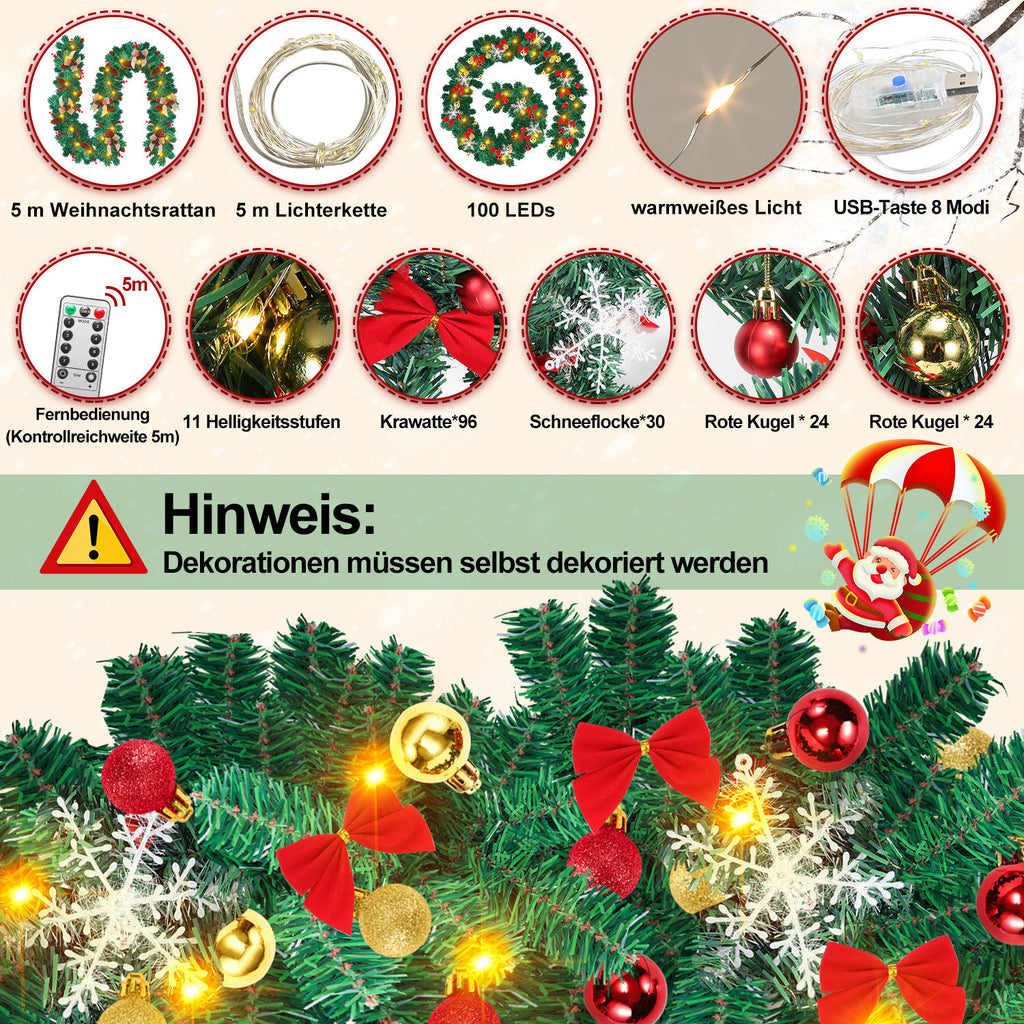 SWANEW Weihnachtsgirlande 5M, Künstlich Tannengirlande mit Beleuchtung, Warmweiß, USB 8 Beleuchtungsmodi verfügbar Weihnachtsdeko