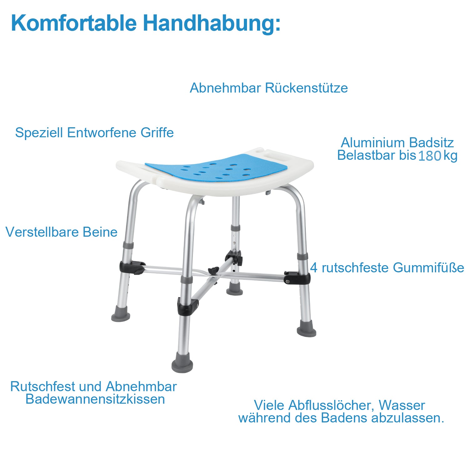 Duschstuhl mit Doppelt Verstärkter Querbalken und Kissen