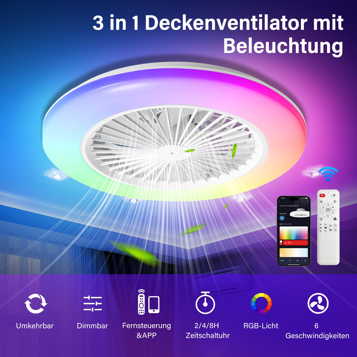 Deckenventilator mit RGB LED Beleuchtung