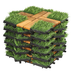 SWANEW Holzfliesen aus Akazien Holz, Balkonfliesen mit Künstlichem Gras, Dekorationsbodenmatte