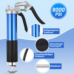 SWANEW Einhand Fettpresse mit Pistolengriff 8000PSI Handhebelfettpresse inkl. Flexschlauch und Gerades Metallrohr, Pistolenfettpresse Kompatibel mit 400g Kartusche oder Loses Fett