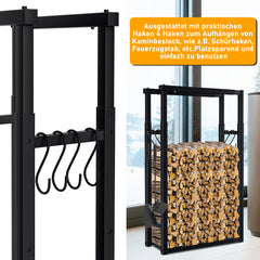 SWANEW Verstellbare Kaminholzregal, Feuerholzregal Metall, Brennholzregal mit 4 Haken