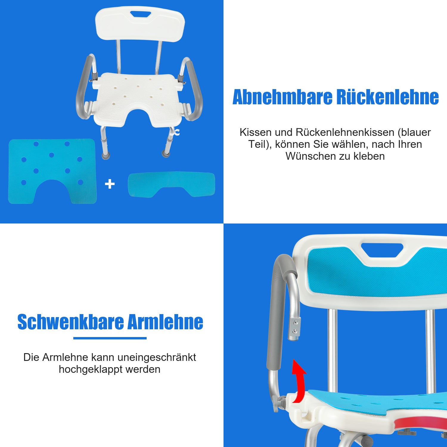 Duschstuhl mit abnehmbaren Armen und Rückenlehne