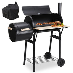 SWANEW Stand Räder XL Holzkohlegrill 2in1 Standgrill BBQ Ablage Säulengrill Fahrbar