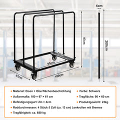 SWANEW Plattenwagen, Transportwagen, Tragkraft bis 680kg, für Gipskartonplatten, Holzplatten