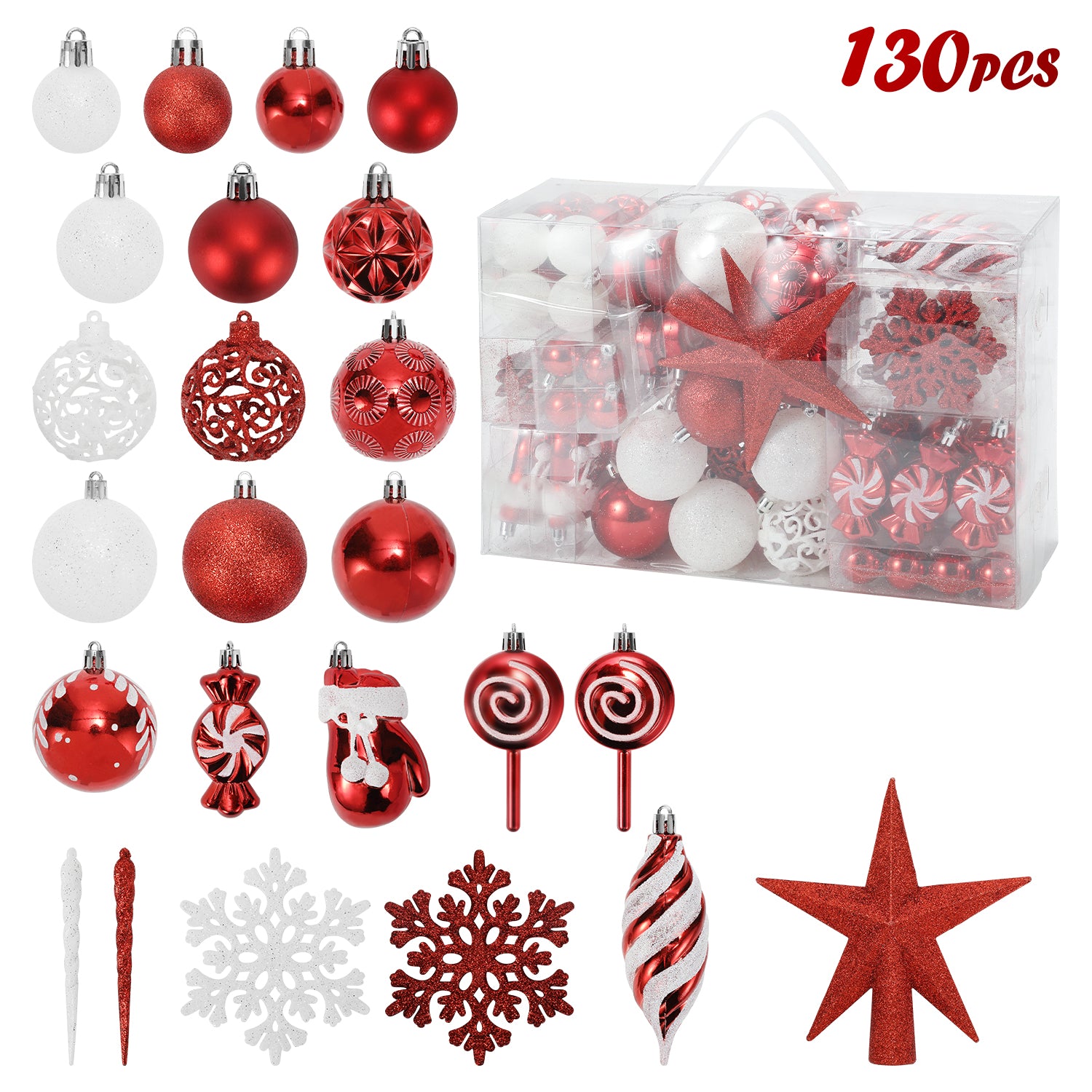 SWANEW Weihnachtskugel-Set - 130 Stück hochwertige Kunststoff-Weihnachtskugeln in verschiedenen Designs, schön gestaltete