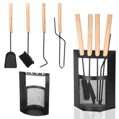 SWANEW Kaminbesteck, 4-teiliges Kaminbesteck Set, Kamingarnitur, Kaminzubehör mit Holzgriff und Halbkreisförmiges Leichentuch