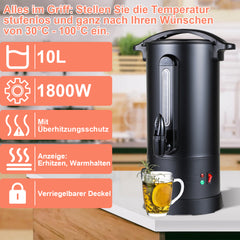SWANEW Glühweinkocher 10L, 1800W Heißgetränkespender Glühweinkessel Edelstahl Glühweinautomat mit Zapfhahn Thermostat, Einstellbare Temperatur von 30-110°C