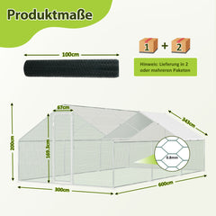 SWANEW Freilaufgehege Hühnerstall 3x6x2m, Geflügelstall mit Schloss, Hühnerhaus, Verzinkter Stahl
