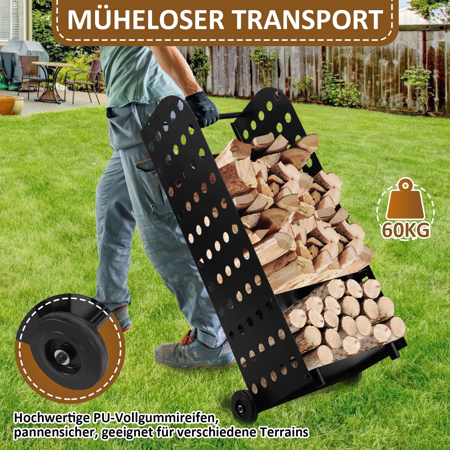 SWANEW Kaminholzwagen Brennholzwagen Kaminholzständer Trolley,Kaminzubehör Holzkarre 60kg, Mit Lochplatte, 42x35x112cm