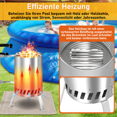 SWANEW Brennholz Poolheizung, Schwimmbadheizung mit Feuer, 100% rostfreier Edelstahl Poolheizung Feuertonne, 32-38mm Anschlüsse, mit Feuerfeste Matte und Tablett