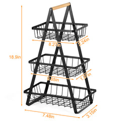 SWANEW 3-Ebenen Aufbewahrungskorb Multifunktionaler Schwarzer Metall mit Holzgriff