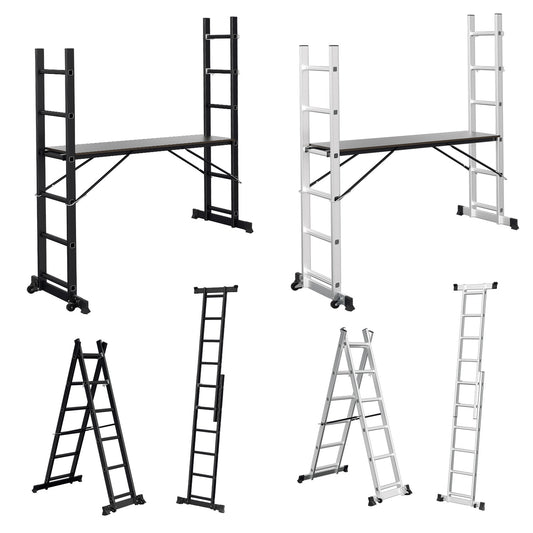 SWANEW Gerüst, Gerüstleiter, Arbeitsgerüst, 4 in 1Alu Mobile Mehrzweckleiter 2x6 Stufen