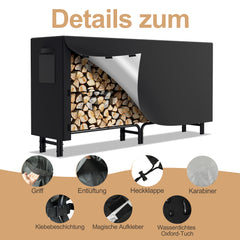 SWANEW Großes Kaminholzregal mit wasserdichter Abdeckung Feuerholzregal Metall Schwarz 244x34.5x124cm Brennholzregal für Innen- und Außenbereich Wetterfest