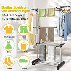 SWANEW Wäscheständer Turm,wäscheständer ausziehbar Länge 75-150cm, platzsparend, 4 Etagen mit 2 klappbaren Flügeln, 360°drehbare Rollen, Wäscheturm