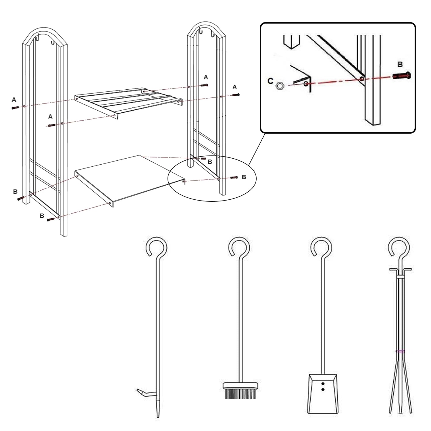 SWANEW kaminholzregal Innen und Aussen, mit Kaminbesteck, Metall Brennholzregal, Holzunterstand für Kaminholz, 37 x 33 x 74CM, Schwarz