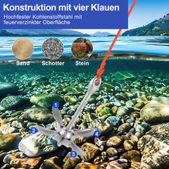 SWANEW Bootsanker mit 20m reißfesten Ankerleine Klappanker Faltanker 0.7kg/1.5kg