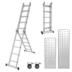 SWANEW 3,6m/4,7m/5,82m Aluminium Mehrzweckleiter 4x3/4x4/4x5 Stufen, Multifunktionsleiter mit 2 Plattform und Räder, Klappleiter, Trittleiter