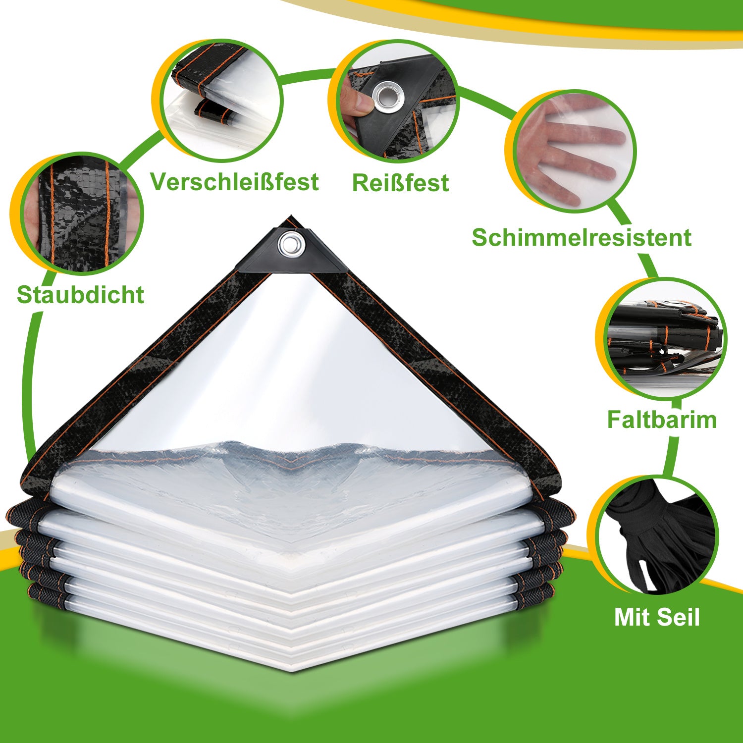 SWANEW Abdeckplane Wasserdicht, Transparente Plane mit ösen und Seil, Gartenplane, für Terrasse Gewächshaus