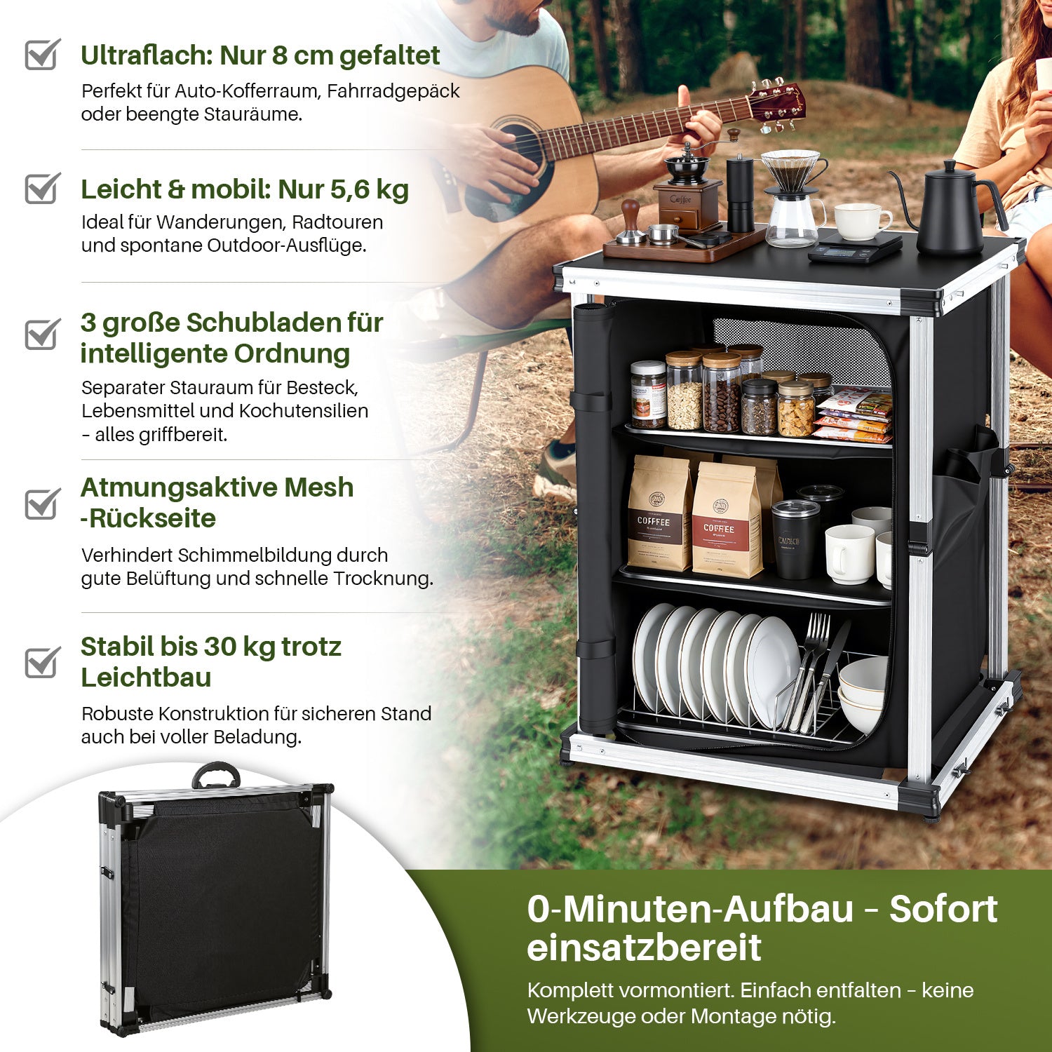 SWANEW Campingküche Campingschrank Klappbar, Mobiler Küchenschrank, mit 3 Fächern & Tasche