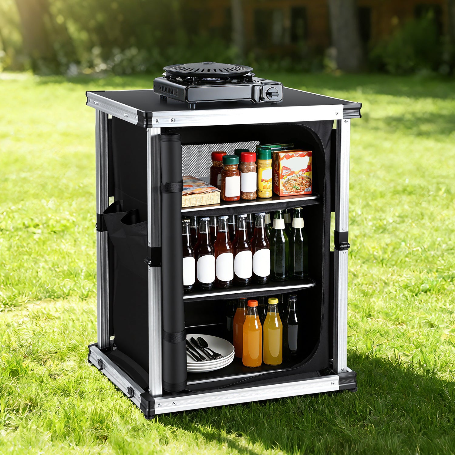 SWANEW Campingküche Campingschrank Klappbar, Mobiler Küchenschrank, mit 3 Fächern & Tasche