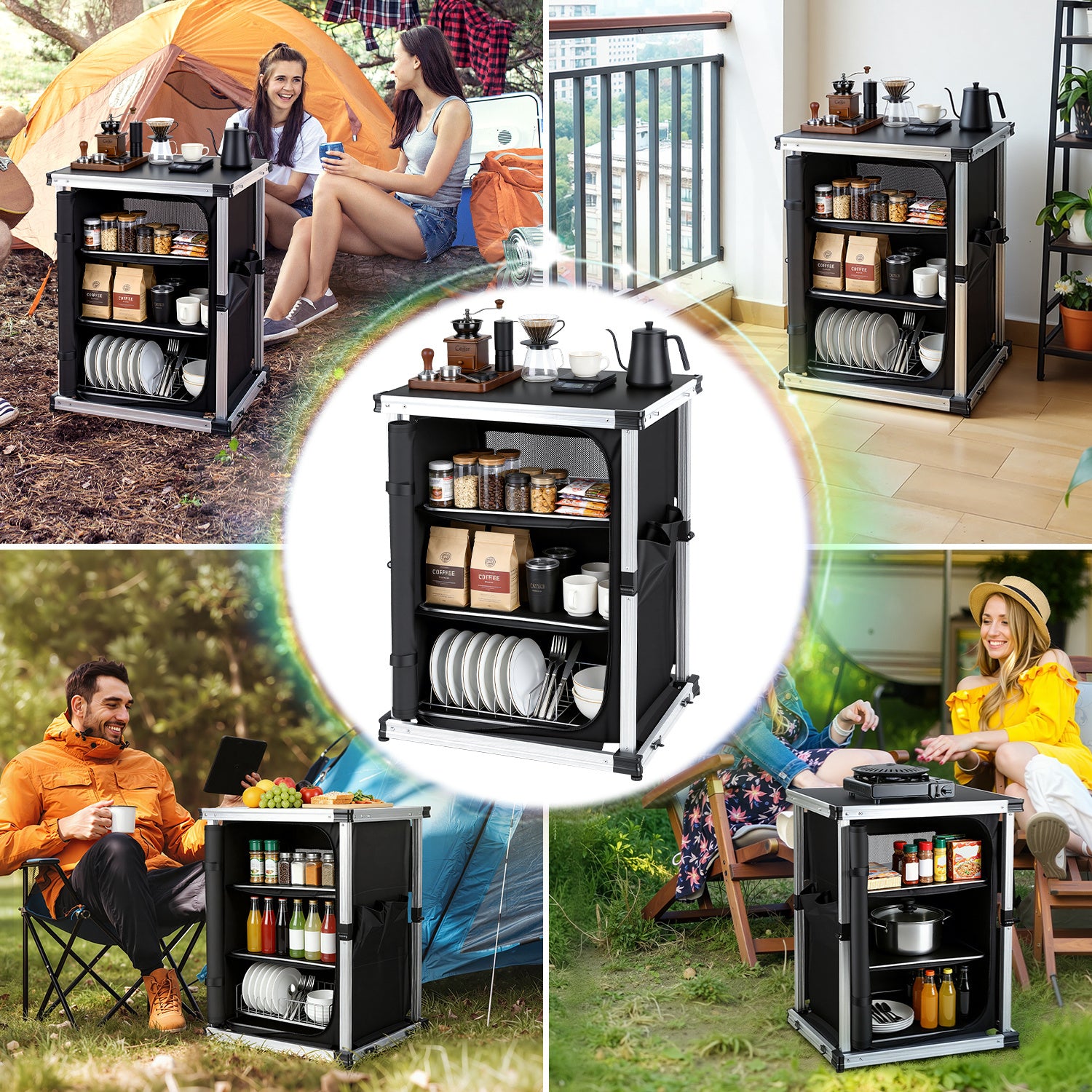 SWANEW Campingküche Campingschrank Klappbar, Mobiler Küchenschrank, mit 3 Fächern & Tasche