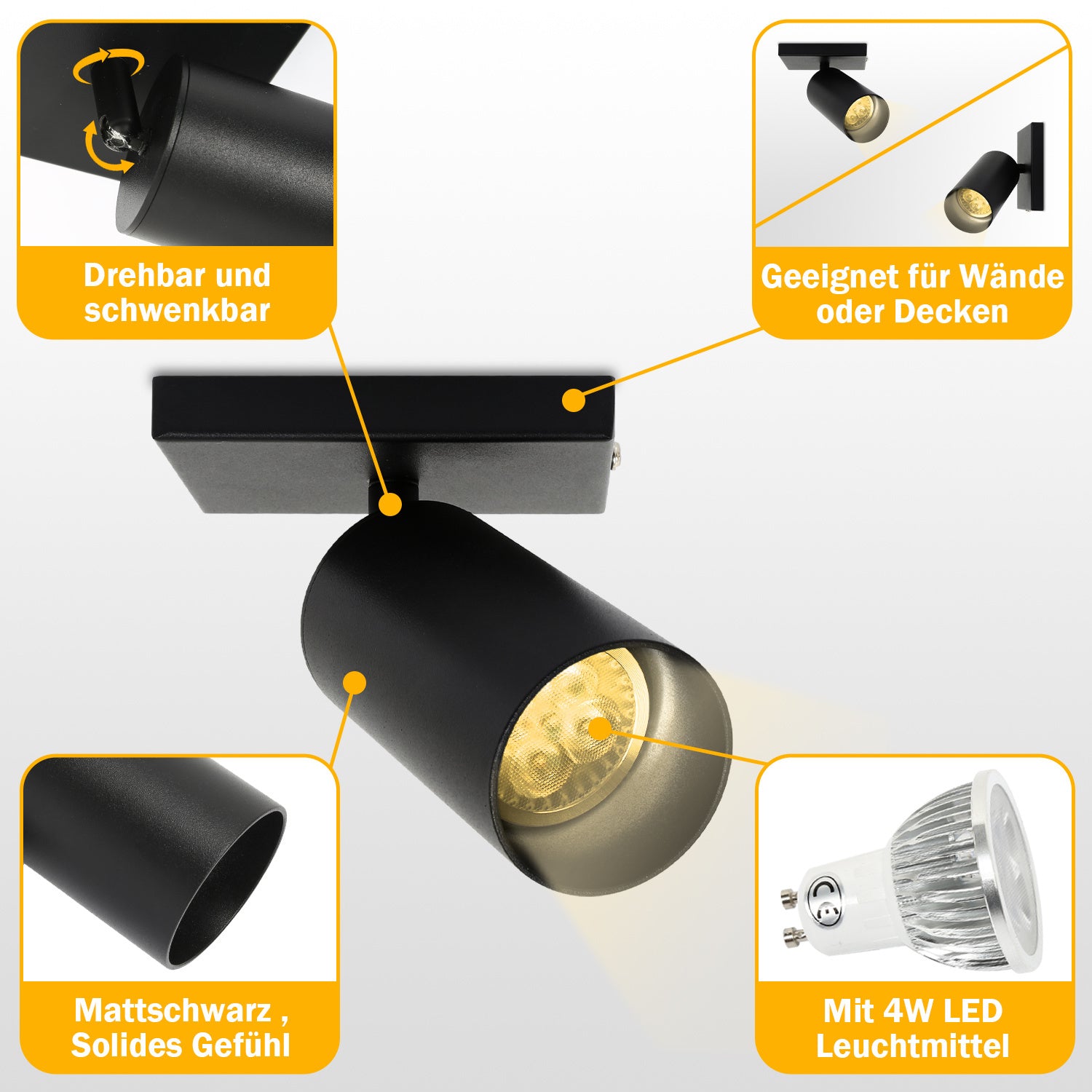 SWANEW Deckenstrahler GU10 4W, Drehbar 350° Deckenleuchte Strahler, Warmweiß 1/2/3-flammig Deckenspot, Wandstrahler, Deckenlampe