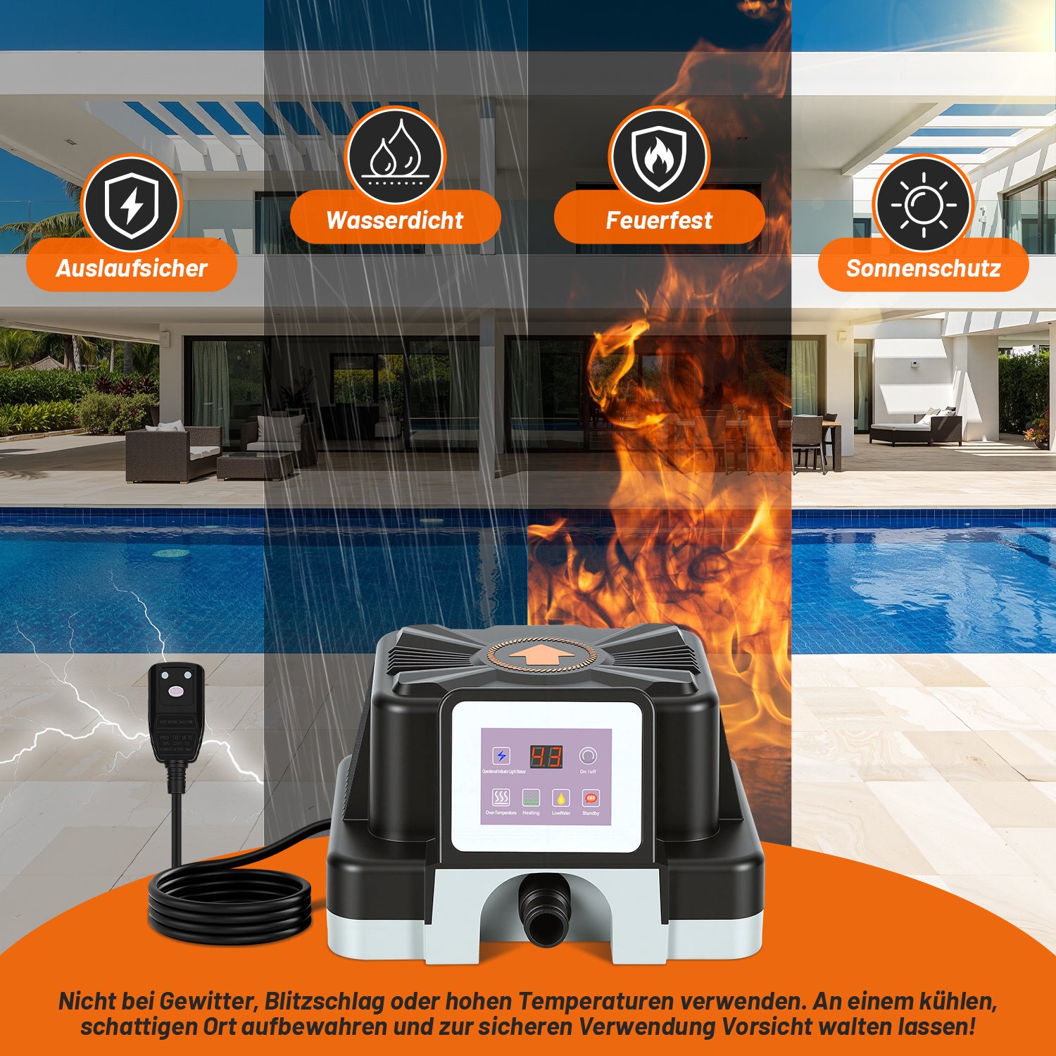 SWANEW Poolheizung Elektrisch 3000W, Elektrische Poolheizung mit FI-Schutz & Kippschutz, 32-38mm Anschluss