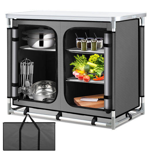 SWANEW Faltbare Campingküche mit Aluminiumrahmen – tragbarer Campingschrank / Outdoorküche mit 5 Fächern und 3 Außentaschen für Camping, Vanlife & Garten