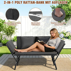 SWANEW Gartenbank Polyrattan mit Liegefunktion, 2-Sitzer Gartensofa