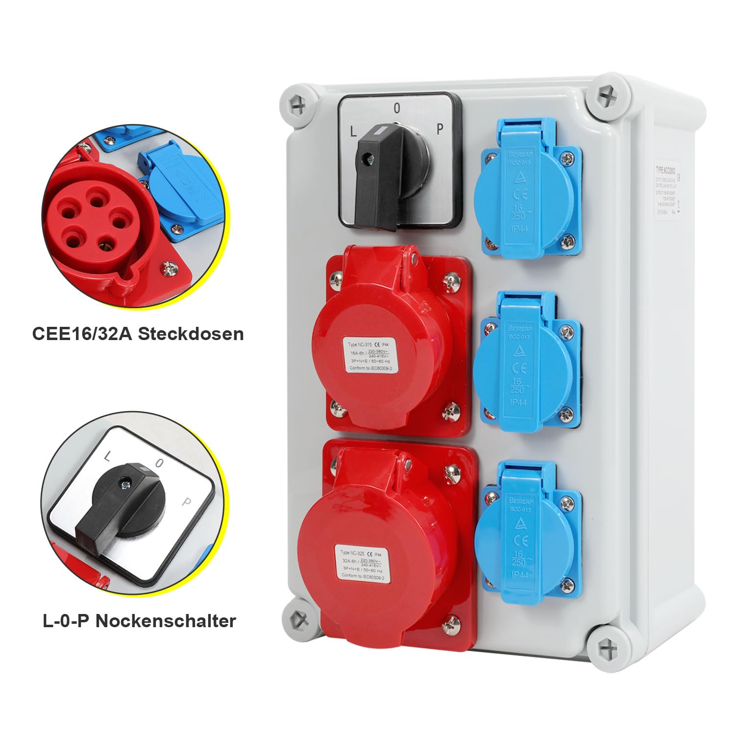 SWANEW Wandverteiler Baustromverteiler CEE 1x32A 5P, 1x16A 5P, 3x230V Schuko Steckdosen, IP44 Wasserdicht, mit L-0-P Schalter, Vorverkabelt Stromverteiler