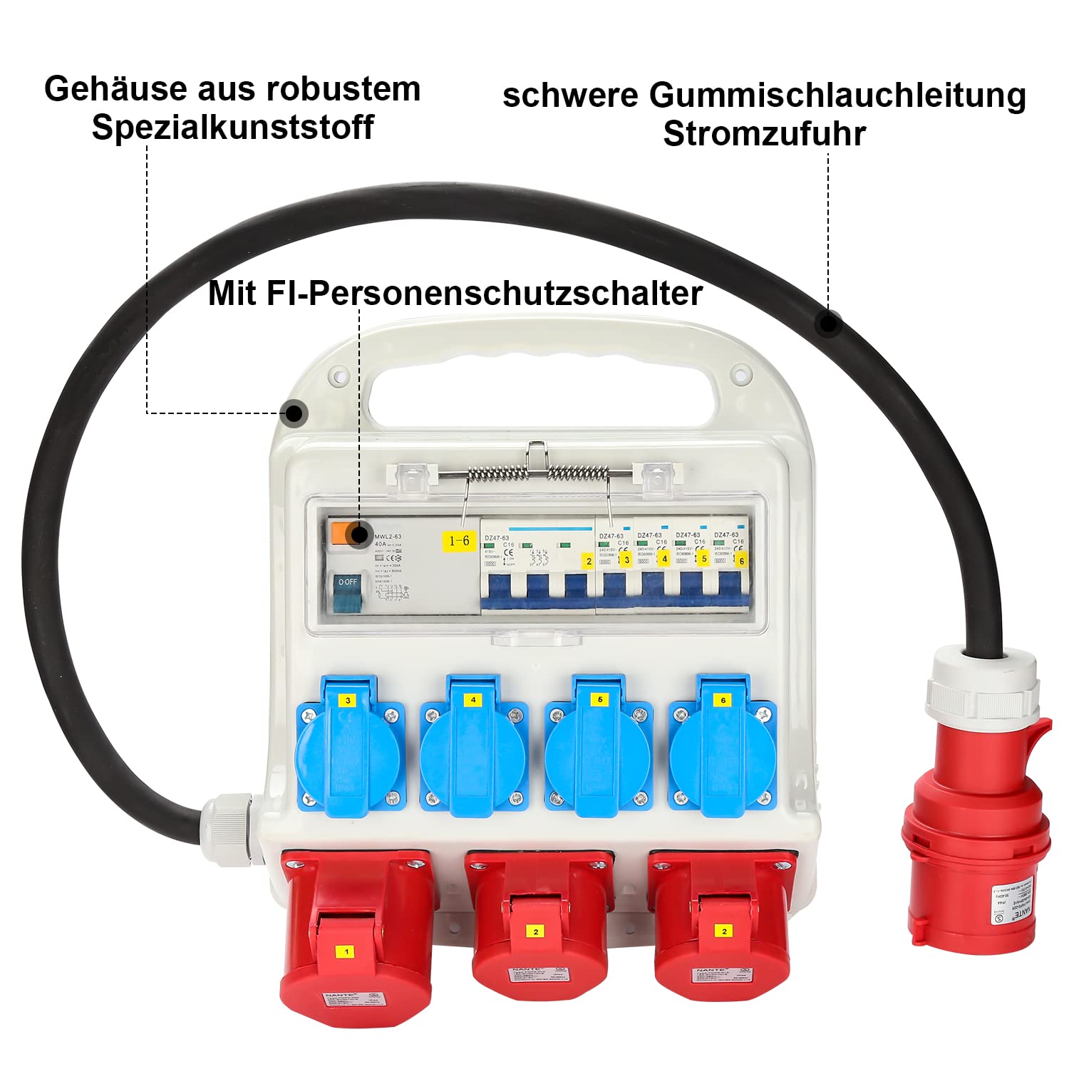 SWANEW Wandverteiler, 2 x CEE 400V/16A + 4 x 230V Schuko IP44 5 polig Stromverteiler, Baustromverteiler 32a, Verteiler Mit Sicherheitsklappdeckeln