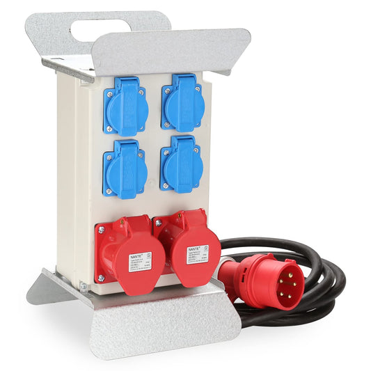 SWANEW Stromverteiler, Wandverteiler, 2x CEE 16A/400V+4x 230V Schuko IP44 5 polig, Baustromverteiler mit kabelsicherem Klappdeckel