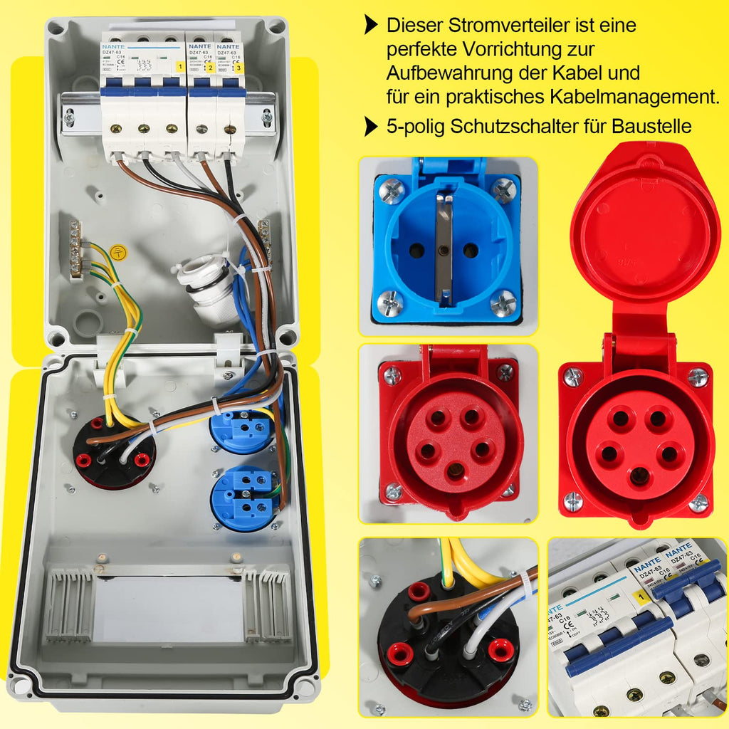 SWANEW Wandverteiler, 1X16A 2x230V MIT LS mit Leitungsschutzschalter, 5 polig, 2 geerdete Steckdosen und 16A CEE-Steckdose für Innen- und Außenverteileranlagen