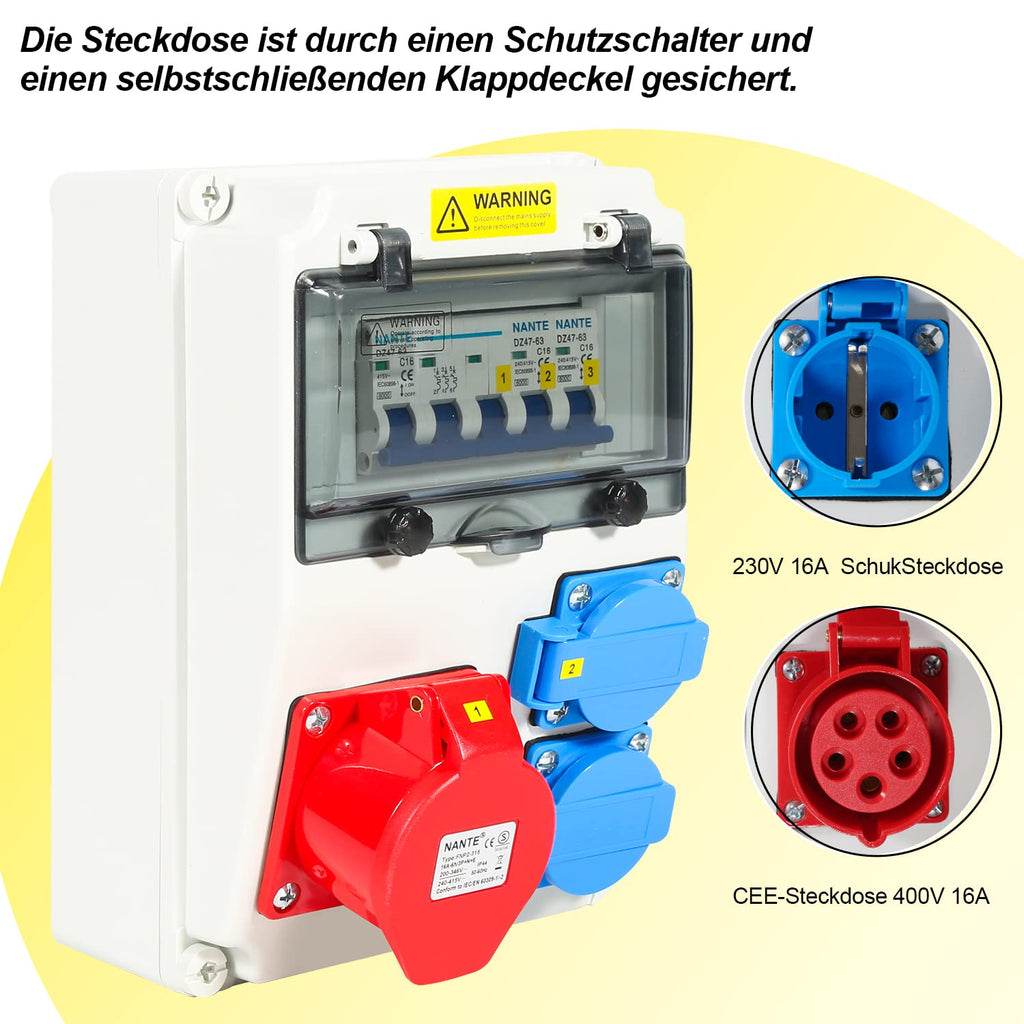 SWANEW Wandverteiler, 1X16A 2x230V MIT LS mit Leitungsschutzschalter, 5 polig, 2 geerdete Steckdosen und 16A CEE-Steckdose für Innen- und Außenverteileranlagen