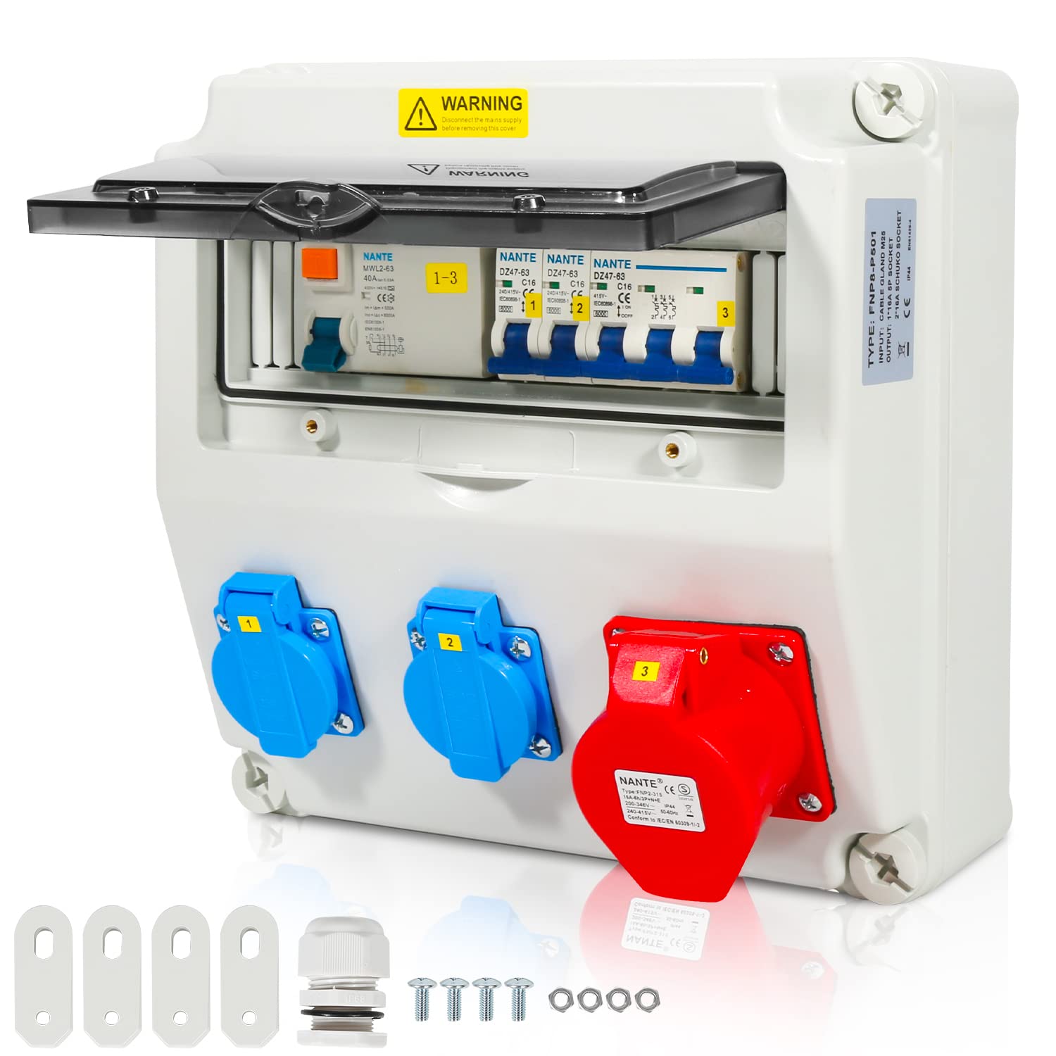 SWANEW Wandverteiler, Stromverteiler, 1X16A 2x230V MIT LS+FI, Baustromverteiler mit RCCB Schalter mit Überlastschutzschalter