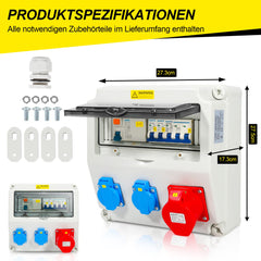 SWANEW Wandverteiler, Stromverteiler, 1X16A 2x230V MIT LS+FI, Baustromverteiler mit RCCB Schalter mit Überlastschutzschalter