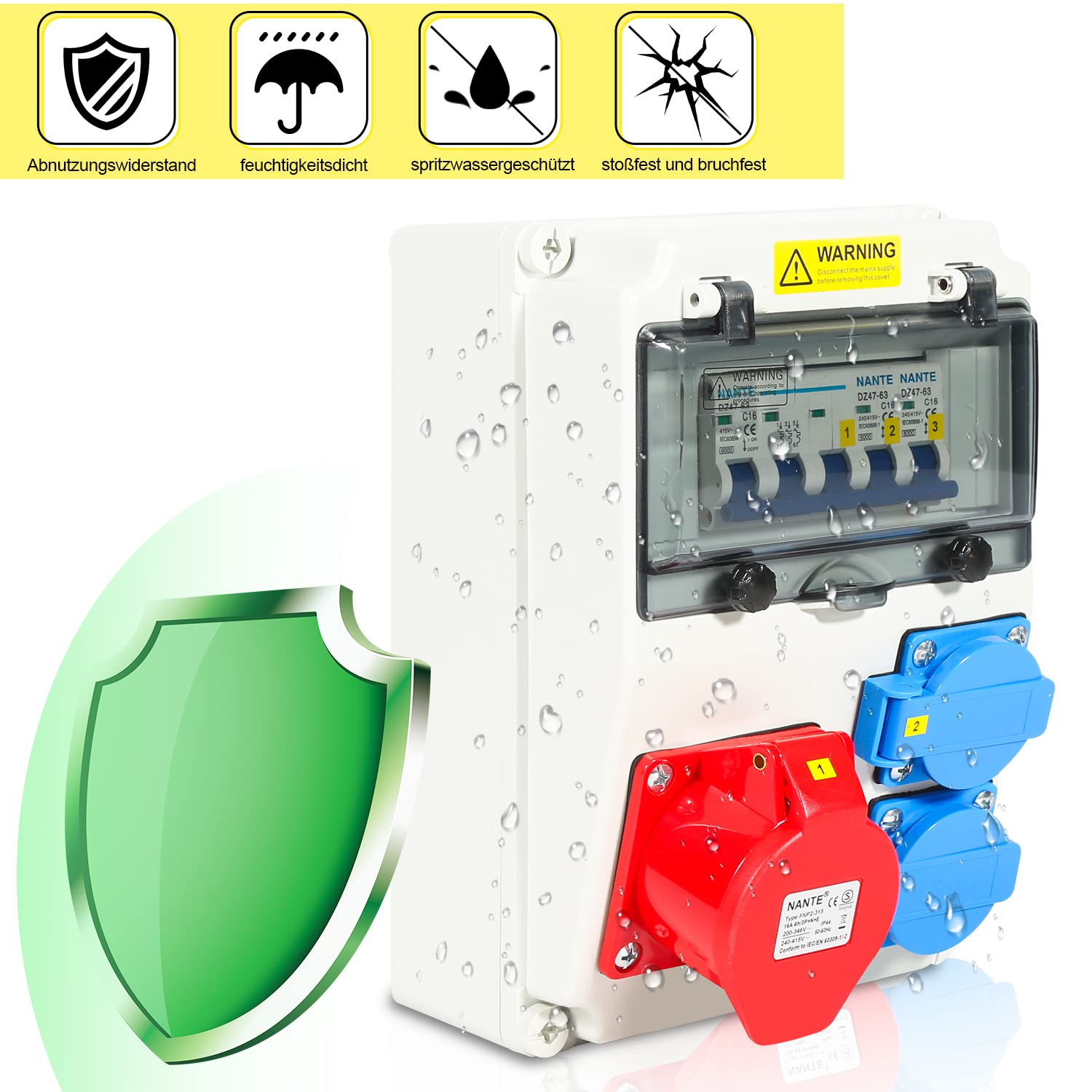 SWANEW Wandverteiler, 16A, Baustromverteiler 2x16A 230V+1xCEE 16A 400V 5 polig, Stromverteiler mit LS-Schalter FI-Schalter, Starkstrom Verteiler IP44 für Baustellen