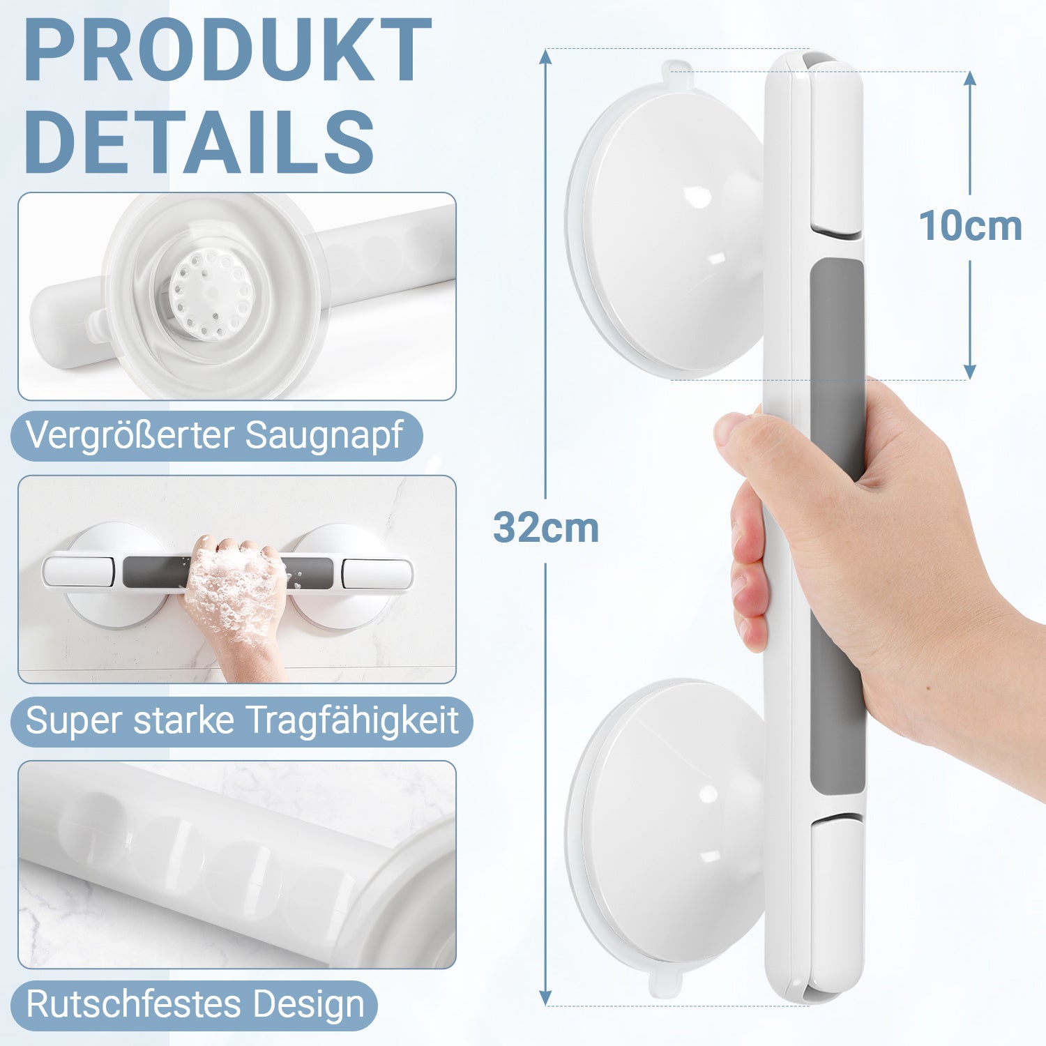 SWANEW Haltegriff Dusche mit Saugnapf, MAX 110 KG, 32CM Duschgriff, Abnehmbare Badewannengriff, Sauggriff, Badgriff