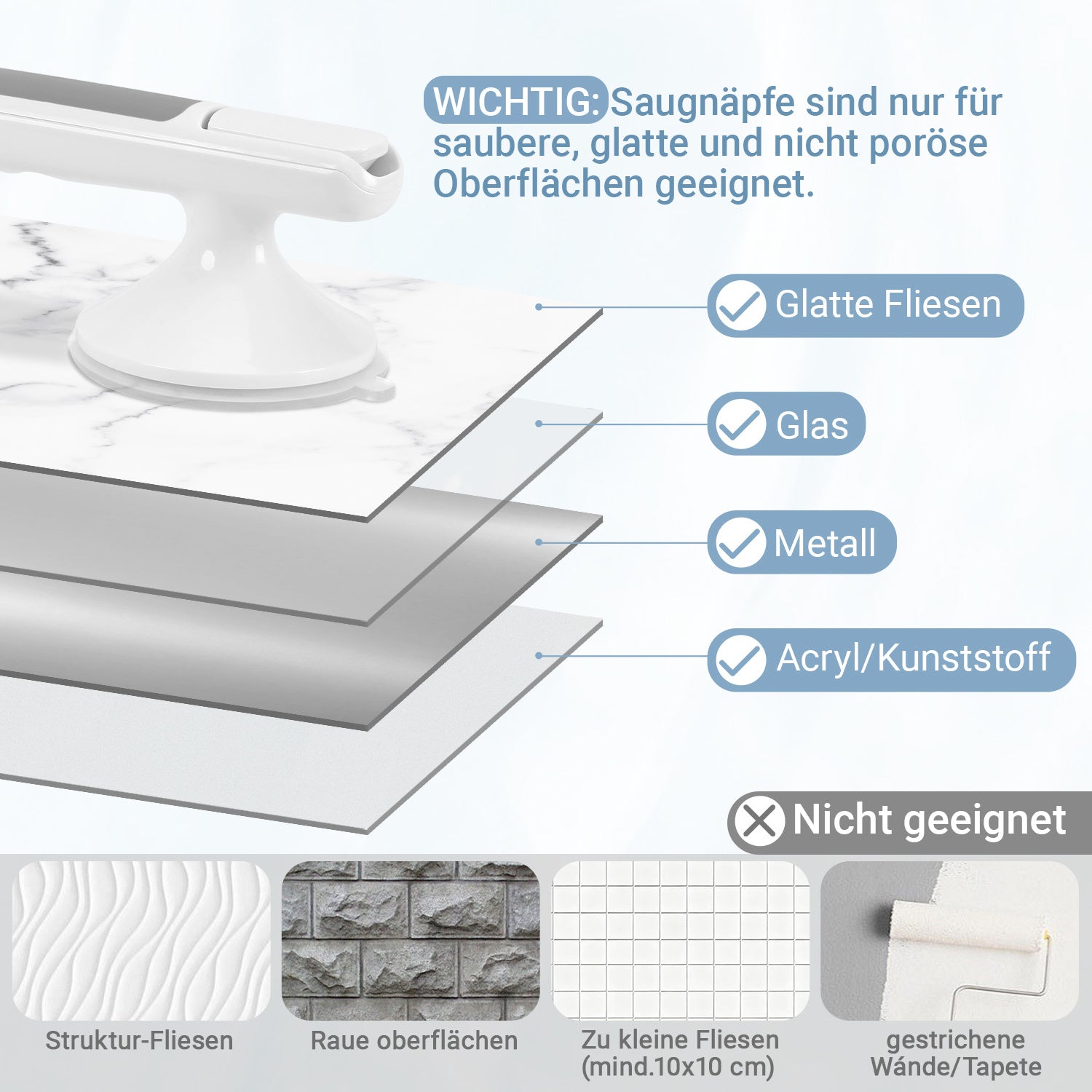 SWANEW Haltegriff Dusche mit Saugnapf, MAX 110 KG, 32CM Duschgriff, Abnehmbare Badewannengriff, Sauggriff, Badgriff