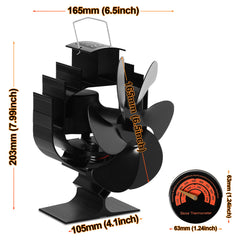 SWANEW Kaminventilator 60° Schwenkbar, Ofenventilator 6 Blätter mit Thermometer, Wärmebetriebener Kamin Ventilator