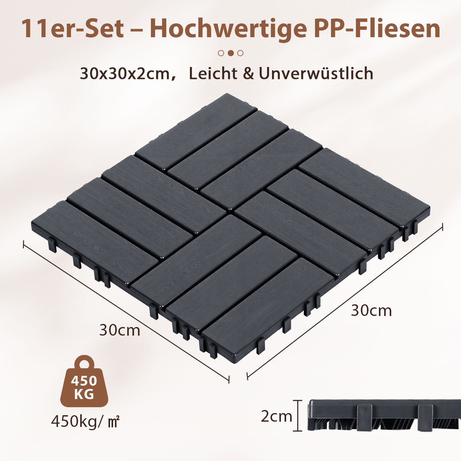 SWANEW Terrassenfliesen 30x30x2cm, PP Balkonfliesen, mit Drainage-Klicksystem