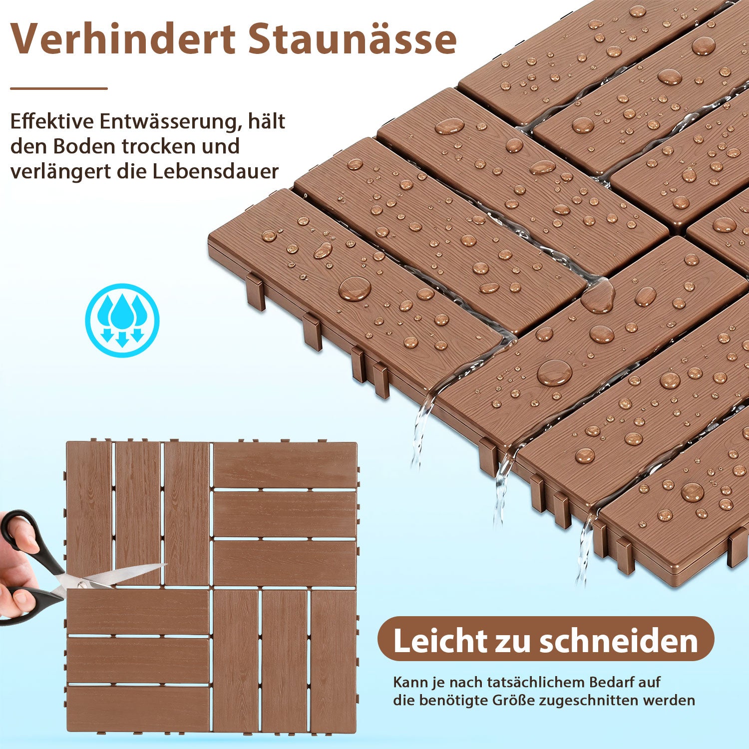 SWANEW Terrassenfliesen 30x30x2cm, PP Balkonfliesen, mit Drainage-Klicksystem