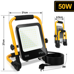 SWANEW LED Baustrahler 50W-200W, Arbeitsleuchte IP66 Wasserdicht, LED-Strahler mit 3M Kabel, und Faltbarer Ständer, 6000K Kaltweiß Fluter für Werkstatt (mit Stecker)