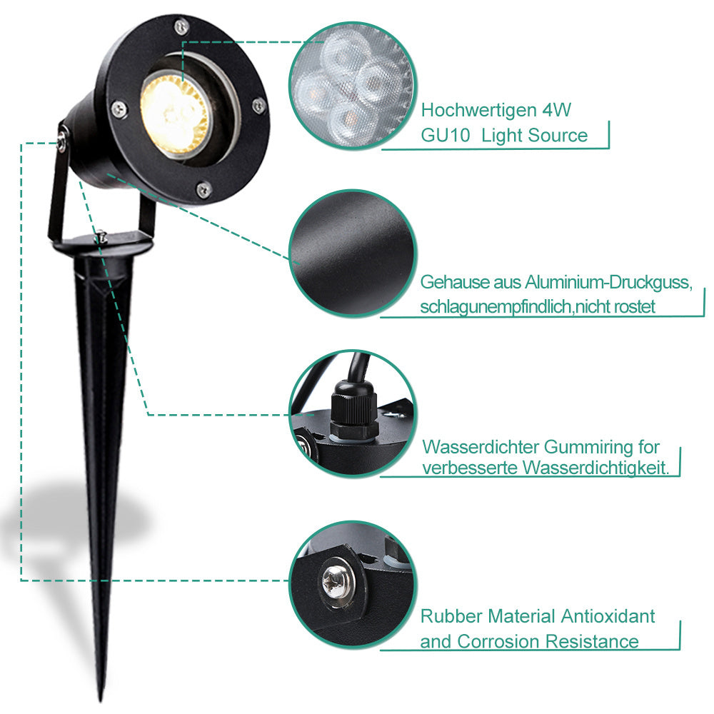 SWANEW LED Gartenstrahler 4W, Gartenleuchte GU10 4000K Warmweiß, Gartenbeleuchtung mit Erdspieß, IP65 Gartenlampe mit Stecker