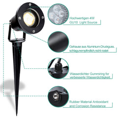 SWANEW LED Gartenstrahler 4W, Gartenleuchte GU10 4000K Warmweiß, Gartenbeleuchtung mit Erdspieß, IP65 Gartenlampe mit Stecker